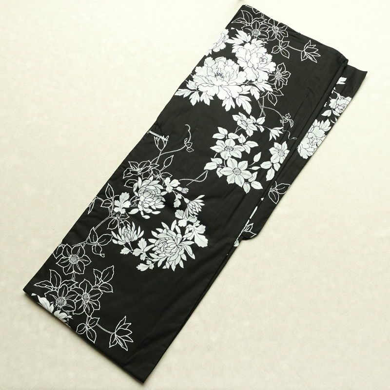 新品 浴衣 帯 2点セット 女性用 綿 平織 古典柄 浴衣 半幅帯 未使用品 芍薬 しっとり 黒_画像3