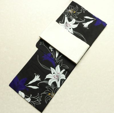 新品 浴衣 帯 2点セット 女性用 綿 平織 古典柄 浴衣 半幅帯 未使用品 百合 黒