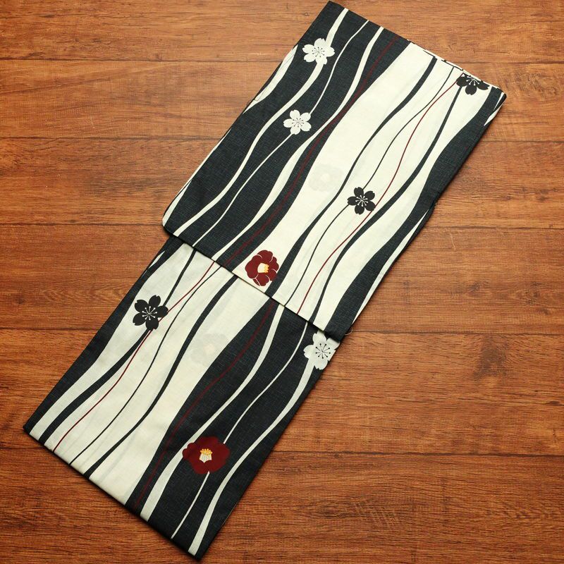 新品 浴衣 帯 2点セット 女性用 綿 平織 古典柄 浴衣 半幅帯 未使用品 よろけ 椿 桜_画像2