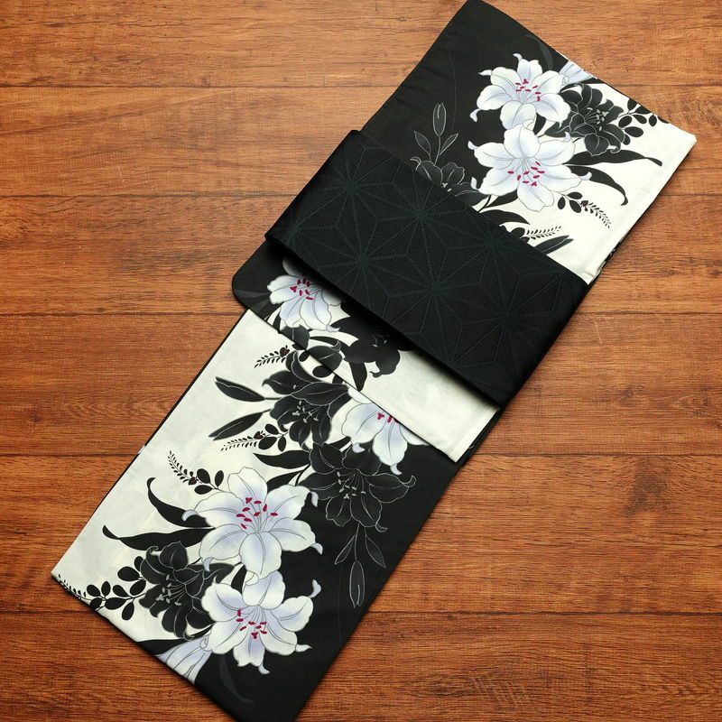 新品 浴衣 帯 2点セット 女性用 綿 平織 古典柄 浴衣 半幅帯 未使用品 百合 萩 しっとり_画像1