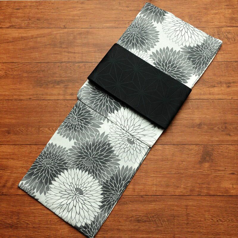 新品 浴衣 帯 2点セット 女性用 綿 平織 古典柄 浴衣 半幅帯 未使用品 菊 黒 グレー_画像1