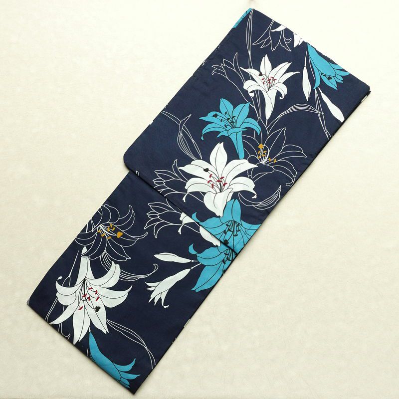 新品 浴衣 帯 2点セット 女性用 綿 平織 古典柄 浴衣 半幅帯 未使用品 百合 紺_画像2