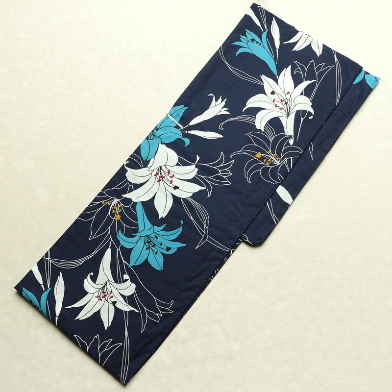 新品 浴衣 帯 2点セット 女性用 綿 平織 古典柄 浴衣 半幅帯 未使用品 百合 紺_画像3