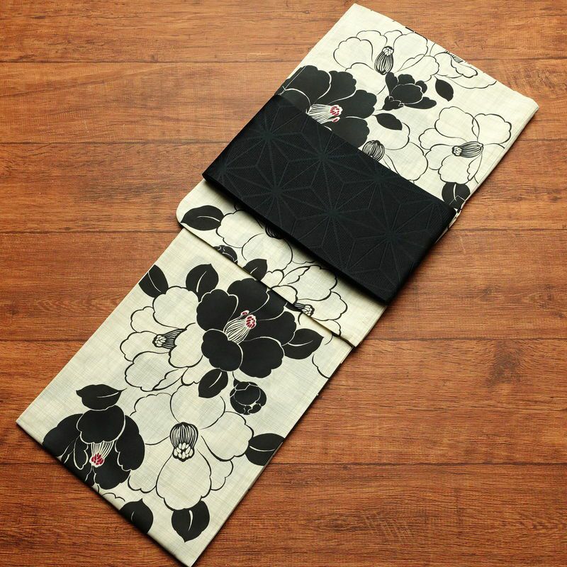 新品 浴衣 帯 2点セット 女性用 綿 平織 古典柄 浴衣 半幅帯 未使用品 椿 白黒 しっとり_画像1