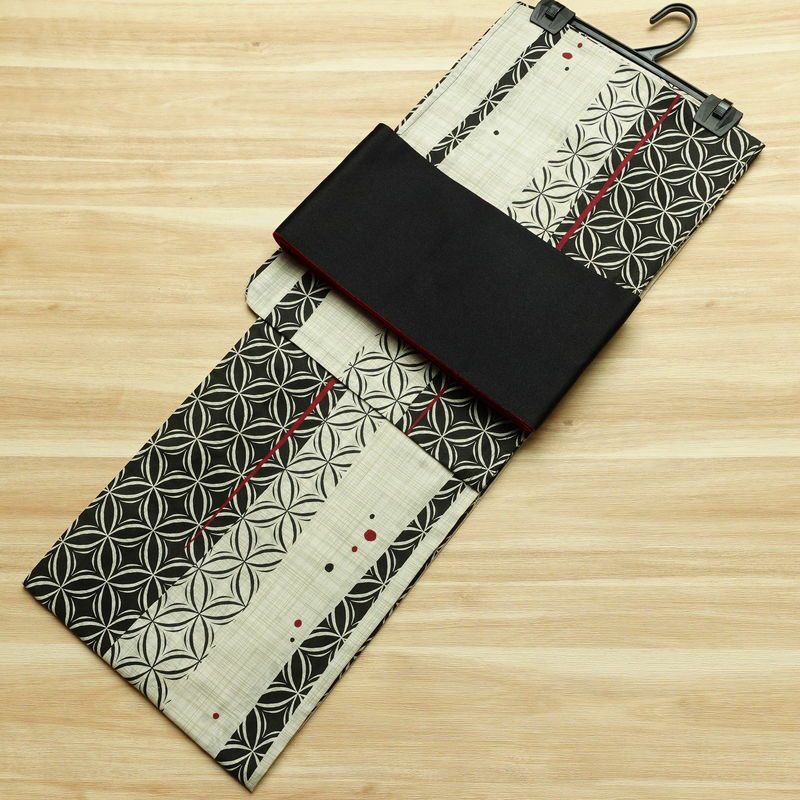 [訳あり]新品 浴衣 帯 2点セット 女性用 綿 平織 古典柄 浴衣 半幅帯 未使用品 七宝縞 黒_画像1