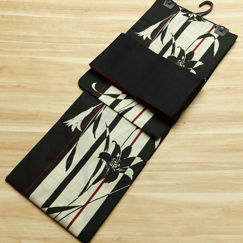 [訳あり]新品 浴衣 帯 2点セット 女性用 綿 平織 古典柄 浴衣 半幅帯 未使用品 黒縞百合_画像1