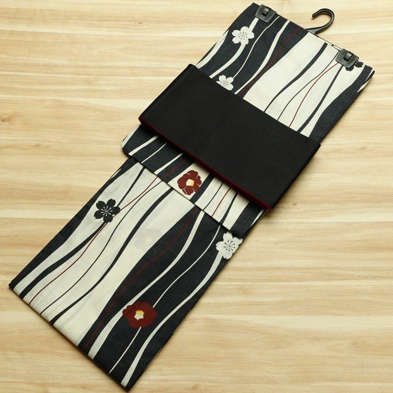 [訳あり]新品 浴衣 帯 2点セット 女性用 綿 平織 古典柄 浴衣 半幅帯 未使用品 乱縞 黒_画像1