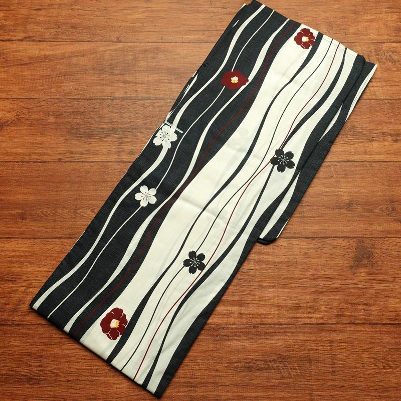 [訳あり]新品 浴衣 帯 2点セット 女性用 綿 平織 古典柄 浴衣 半幅帯 未使用品 乱縞 黒_画像2