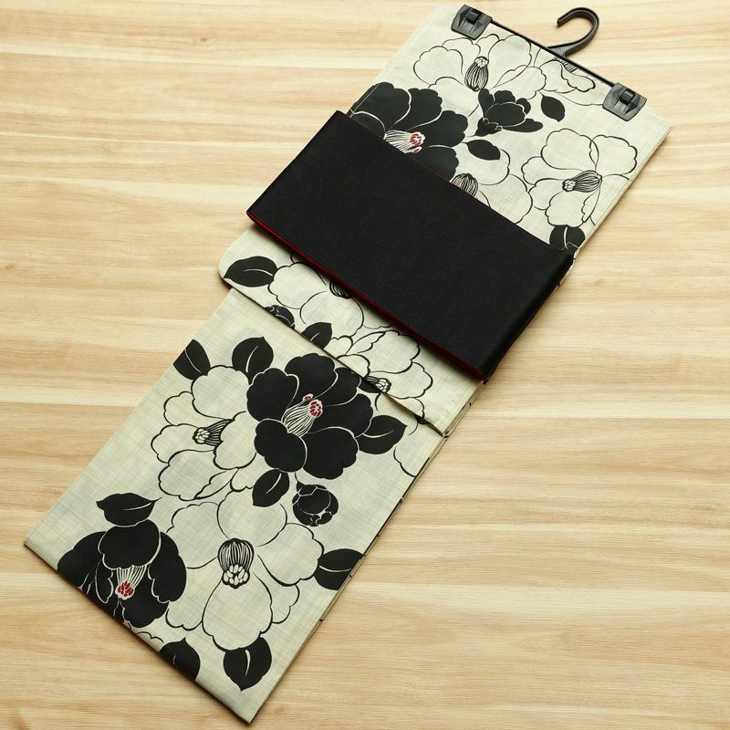 [訳あり]新品 浴衣 帯 2点セット 女性用 綿 平織 古典柄 浴衣 半幅帯 未使用品 花柄 黒 生成り_画像1