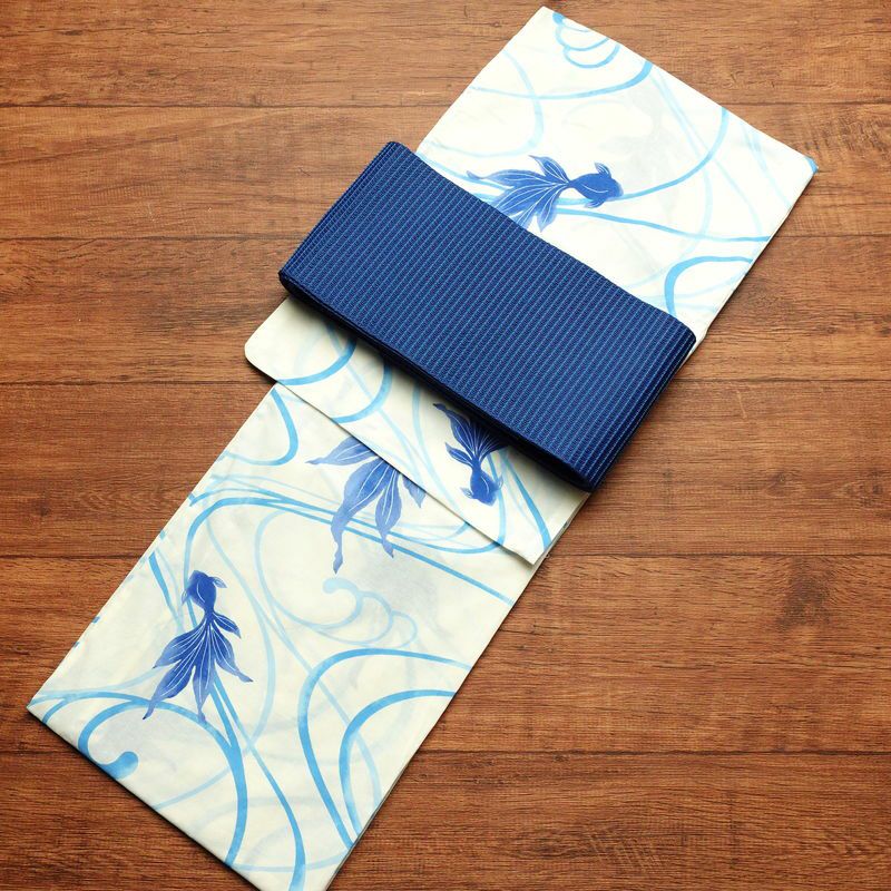 [訳あり]新品 浴衣 帯 2点セット 女性用 綿 平織 古典柄 浴衣 半幅帯 未使用品 金魚 青_画像1