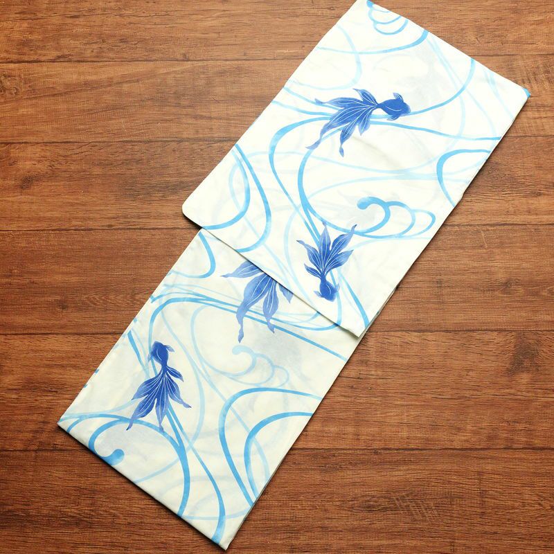 [訳あり]新品 浴衣 帯 2点セット 女性用 綿 平織 古典柄 浴衣 半幅帯 未使用品 金魚 青_画像2