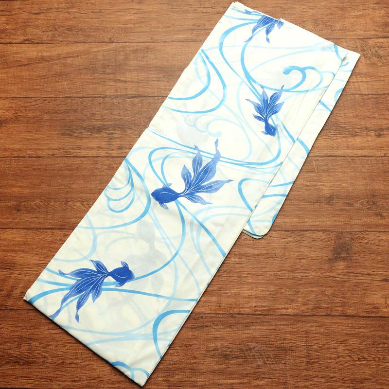 [訳あり]新品 浴衣 帯 2点セット 女性用 綿 平織 古典柄 浴衣 半幅帯 未使用品 金魚 青_画像3
