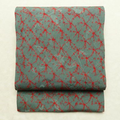 名古屋帯 全通柄 良品 正絹 古典柄 通し仕立て なごや帯 リサイクル帯 帯 緑・うぐいす色