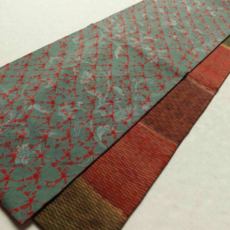 名古屋帯 全通柄 良品 正絹 古典柄 通し仕立て なごや帯 リサイクル帯 帯 緑・うぐいす色_画像9