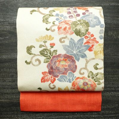 名古屋帯 全通柄 良品 ふくれ織 正絹 花柄 通し仕立て なごや帯 リサイクル帯 帯 クリーム