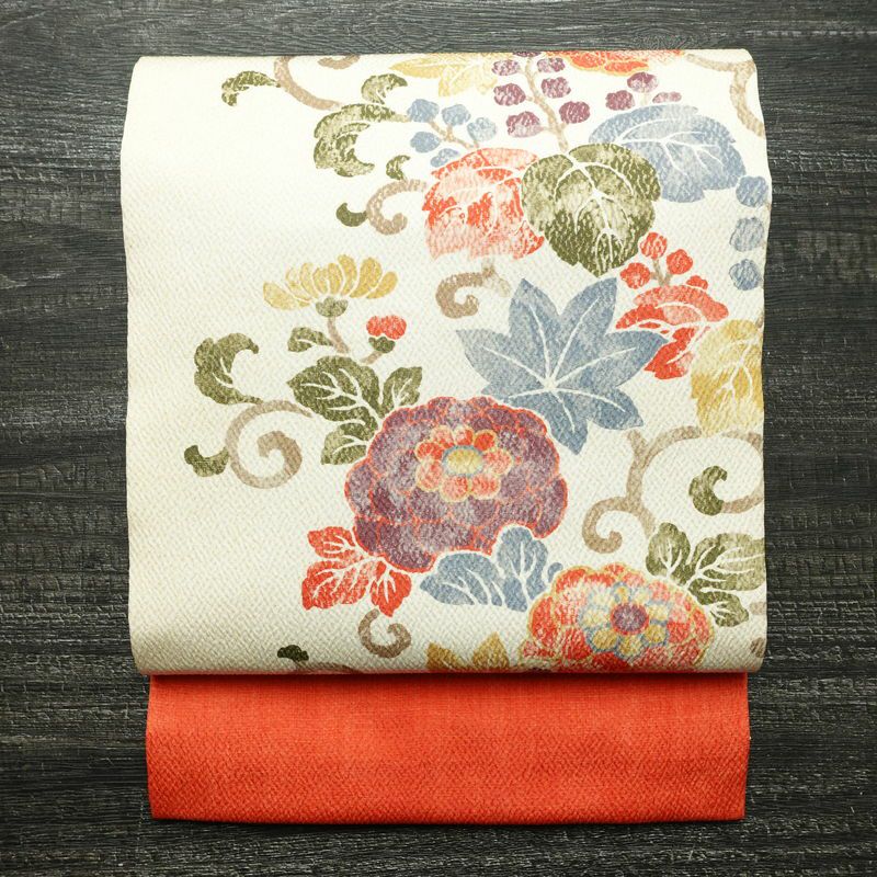 名古屋帯 全通柄 良品 ふくれ織 正絹 花柄 通し仕立て なごや帯 リサイクル帯 帯 クリーム_画像1