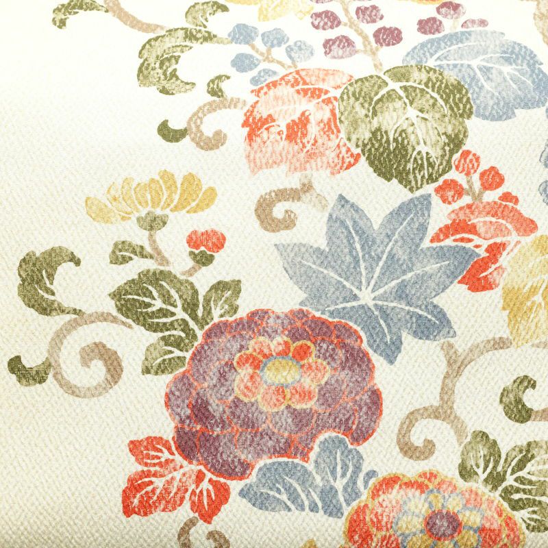 名古屋帯 全通柄 良品 ふくれ織 正絹 花柄 通し仕立て なごや帯 リサイクル帯 帯 クリーム_画像2