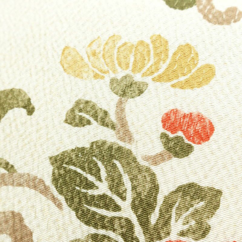 名古屋帯 全通柄 良品 ふくれ織 正絹 花柄 通し仕立て なごや帯 リサイクル帯 帯 クリーム_画像6