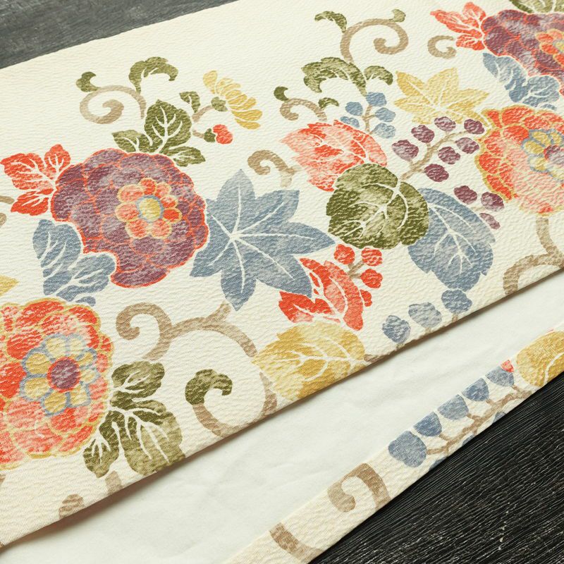 名古屋帯 全通柄 良品 ふくれ織 正絹 花柄 通し仕立て なごや帯 リサイクル帯 帯 クリーム_画像12