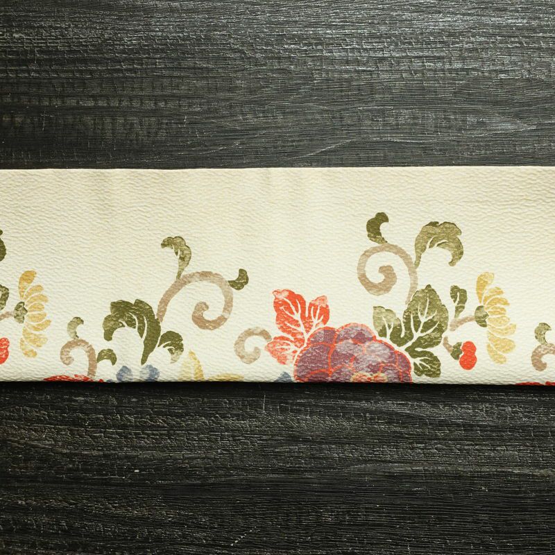 名古屋帯 全通柄 良品 ふくれ織 正絹 花柄 通し仕立て なごや帯 リサイクル帯 帯 クリーム_画像15