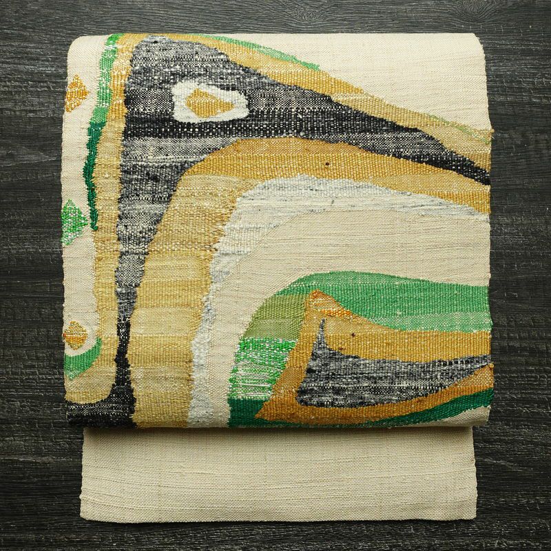 名古屋帯 太鼓柄 正絹 幾何学柄・抽象柄 松葉仕立て なごや帯 リサイクル帯 帯 シンプル 紬地 白_画像1