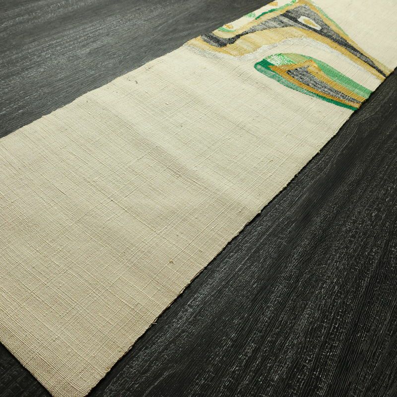 名古屋帯 太鼓柄 正絹 幾何学柄・抽象柄 松葉仕立て なごや帯 リサイクル帯 帯 シンプル 紬地 白_画像9