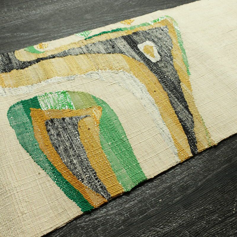 名古屋帯 太鼓柄 正絹 幾何学柄・抽象柄 松葉仕立て なごや帯 リサイクル帯 帯 シンプル 紬地 白_画像12