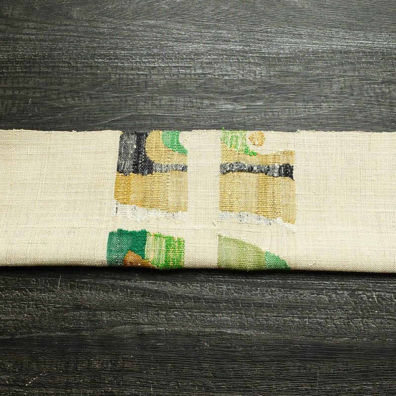 名古屋帯 太鼓柄 正絹 幾何学柄・抽象柄 松葉仕立て なごや帯 リサイクル帯 帯 シンプル 紬地 白_画像14