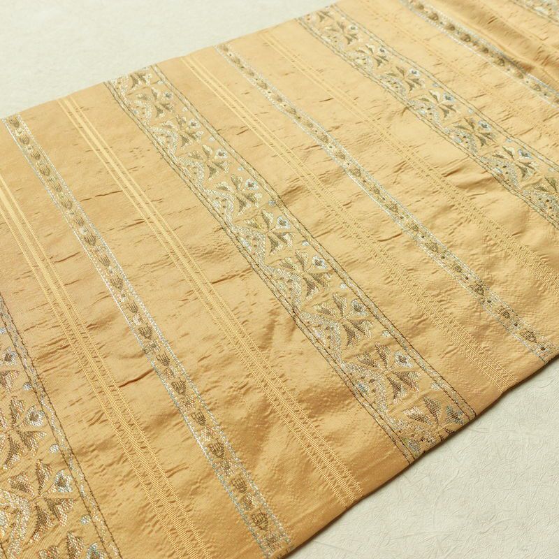 名古屋帯 六通柄 良品 正絹 縞柄・線柄 名古屋仕立て なごや帯 リサイクル帯 帯 ベージュ_画像11