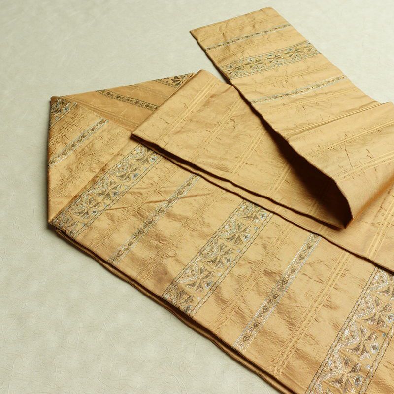 名古屋帯 六通柄 良品 正絹 縞柄・線柄 名古屋仕立て なごや帯 リサイクル帯 帯 ベージュ_画像21