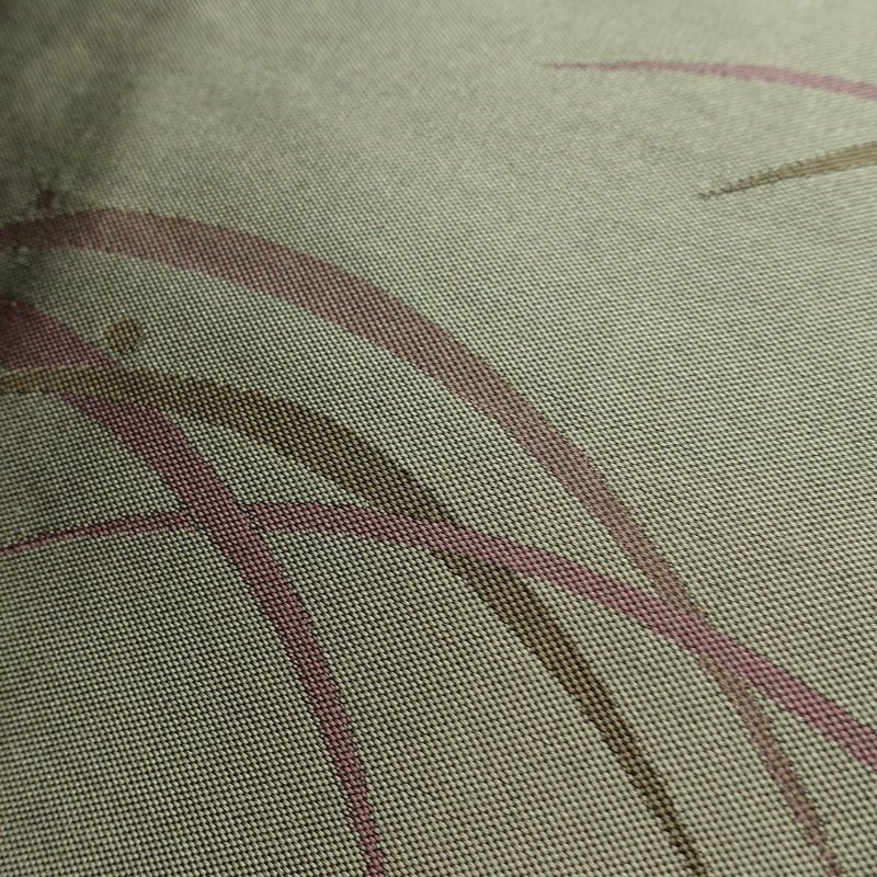 名古屋帯 全通柄 良品 正絹 木の葉・植物柄 名古屋仕立て なごや帯 リサイクル帯 露芝 帯 緑・うぐいす色_画像6