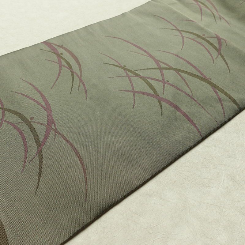 名古屋帯 全通柄 良品 正絹 木の葉・植物柄 名古屋仕立て なごや帯 リサイクル帯 露芝 帯 緑・うぐいす色_画像11