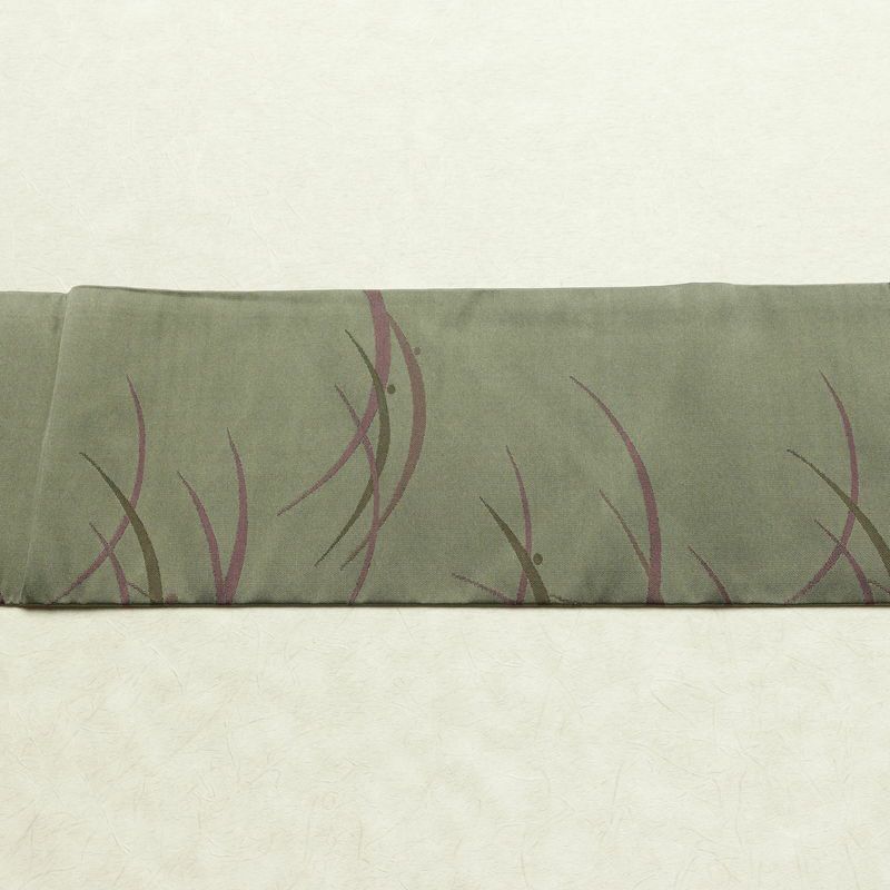 名古屋帯 全通柄 良品 正絹 木の葉・植物柄 名古屋仕立て なごや帯 リサイクル帯 露芝 帯 緑・うぐいす色_画像13