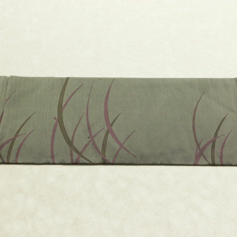 名古屋帯 全通柄 良品 正絹 木の葉・植物柄 名古屋仕立て なごや帯 リサイクル帯 露芝 帯 緑・うぐいす色_画像14