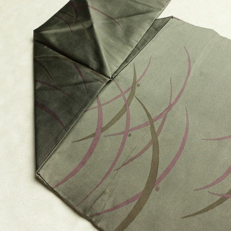 名古屋帯 全通柄 良品 正絹 木の葉・植物柄 名古屋仕立て なごや帯 リサイクル帯 露芝 帯 緑・うぐいす色_画像18