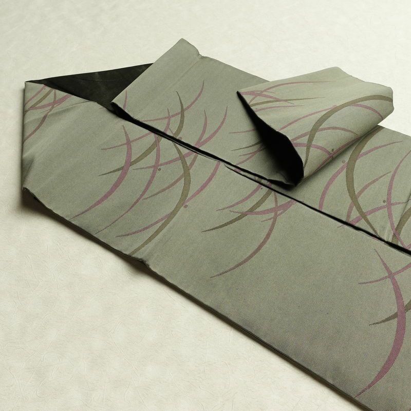 名古屋帯 全通柄 良品 正絹 木の葉・植物柄 名古屋仕立て なごや帯 リサイクル帯 露芝 帯 緑・うぐいす色_画像20