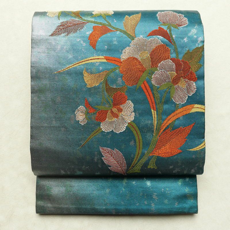 名古屋帯 太鼓柄 正絹 花柄 通し仕立て なごや帯 リサイクル帯 帯 引箔 青・紺_画像1