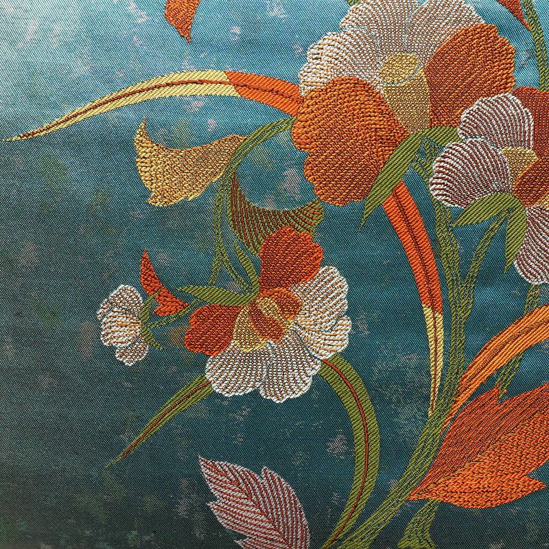 名古屋帯 太鼓柄 正絹 花柄 通し仕立て なごや帯 リサイクル帯 帯 引箔 青・紺_画像2