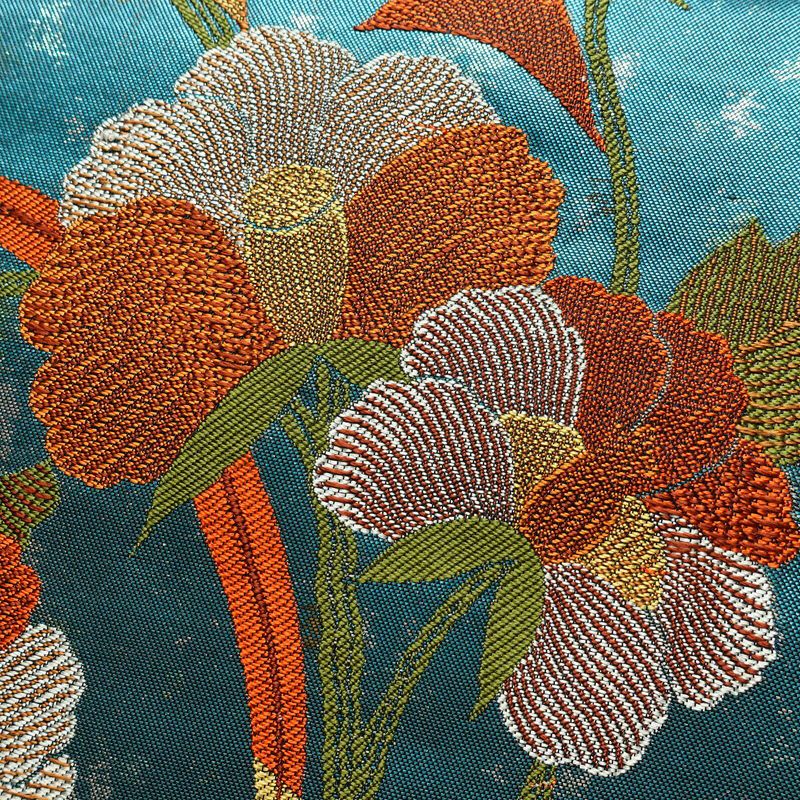 名古屋帯 太鼓柄 正絹 花柄 通し仕立て なごや帯 リサイクル帯 帯 引箔 青・紺_画像3