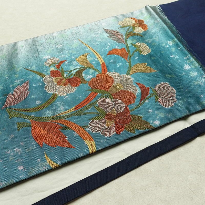 名古屋帯 太鼓柄 正絹 花柄 通し仕立て なごや帯 リサイクル帯 帯 引箔 青・紺_画像11