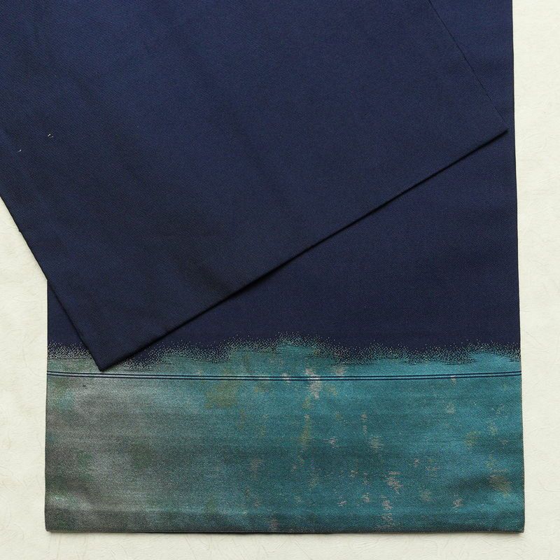 名古屋帯 太鼓柄 正絹 花柄 通し仕立て なごや帯 リサイクル帯 帯 引箔 青・紺_画像13