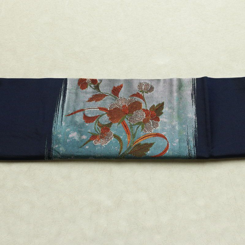 名古屋帯 太鼓柄 正絹 花柄 通し仕立て なごや帯 リサイクル帯 帯 引箔 青・紺_画像15