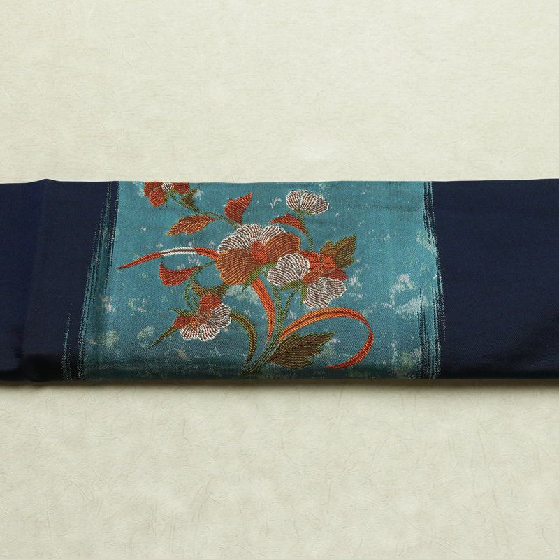名古屋帯 太鼓柄 正絹 花柄 通し仕立て なごや帯 リサイクル帯 帯 引箔 青・紺_画像16