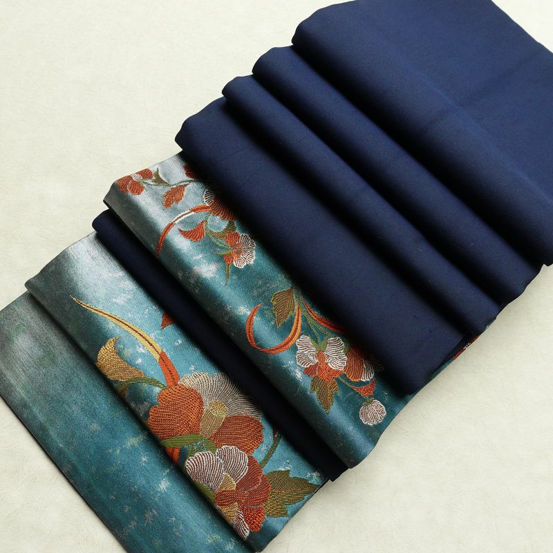 名古屋帯 太鼓柄 正絹 花柄 通し仕立て なごや帯 リサイクル帯 帯 引箔 青・紺_画像20