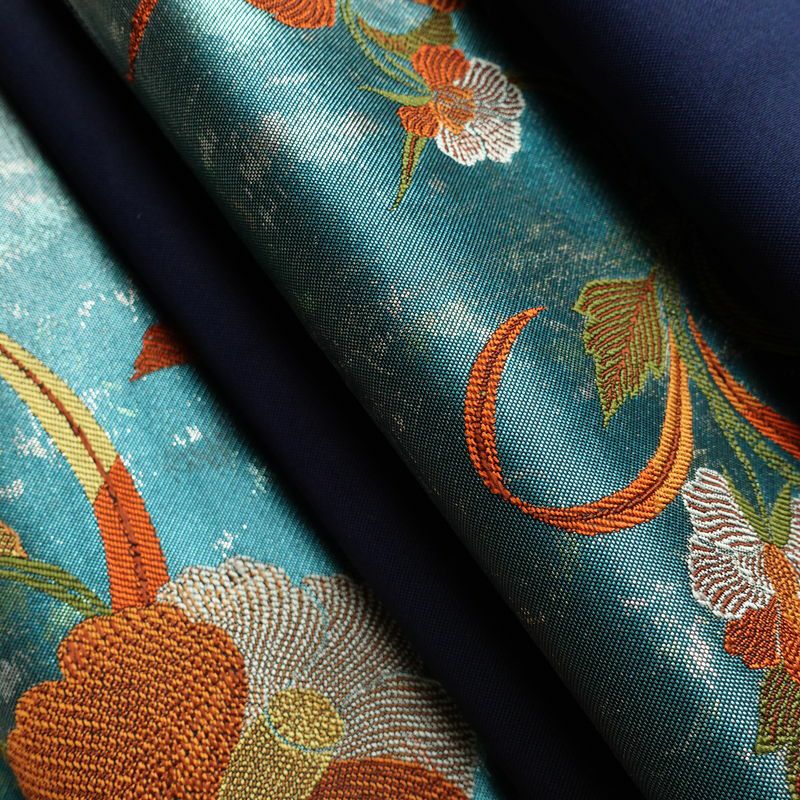名古屋帯 太鼓柄 正絹 花柄 通し仕立て なごや帯 リサイクル帯 帯 引箔 青・紺_画像21
