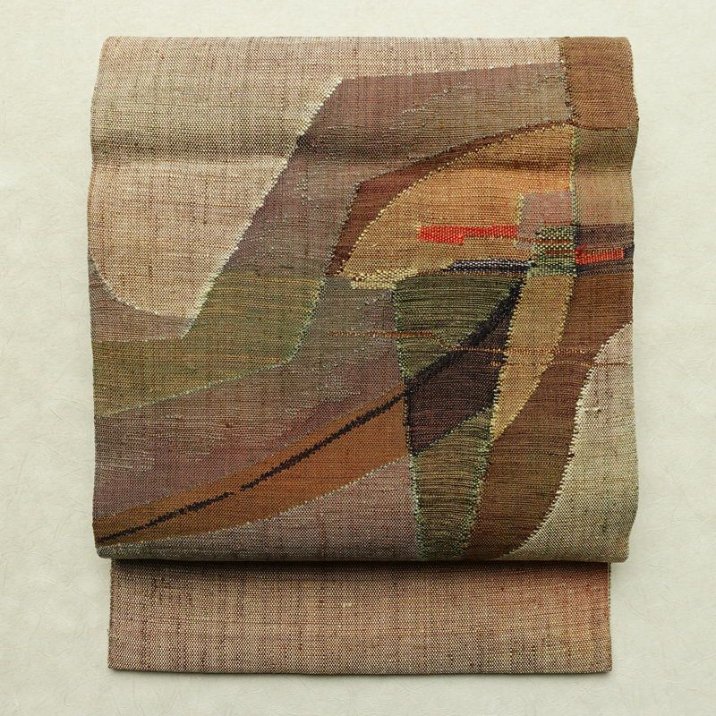 名古屋帯 太鼓柄 美品 正絹 幾何学柄・抽象柄 松葉仕立て なごや帯 リサイクル帯 帯 モダン 紬地 多色使い_画像1