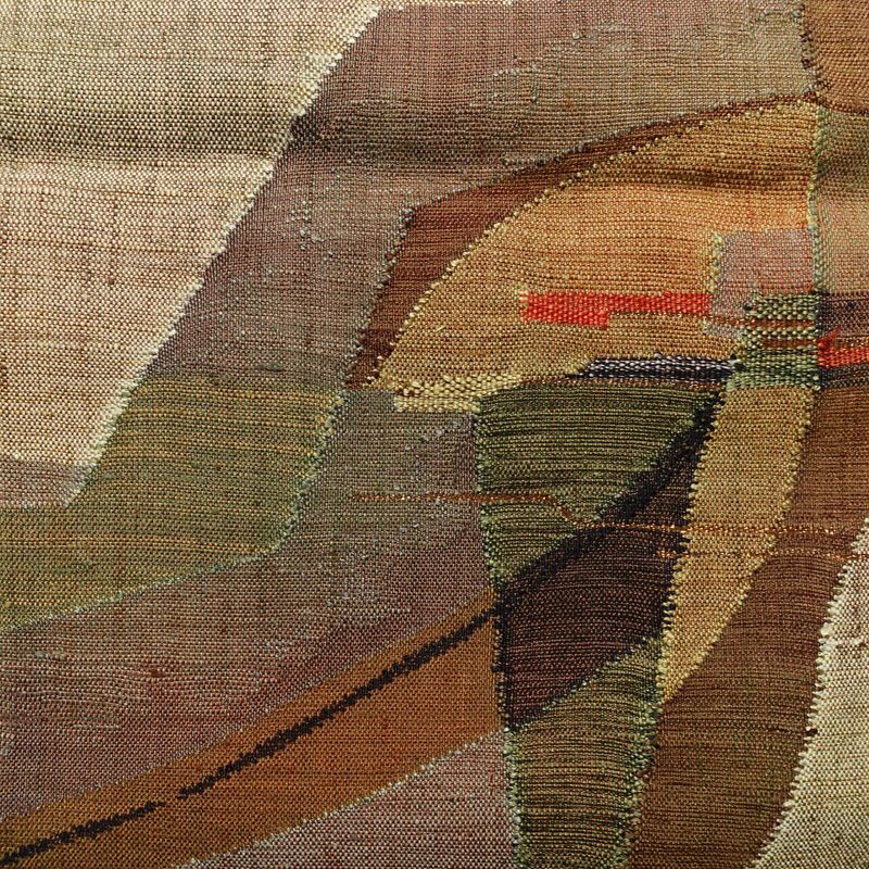 名古屋帯 太鼓柄 美品 正絹 幾何学柄・抽象柄 松葉仕立て なごや帯 リサイクル帯 帯 モダン 紬地 多色使い_画像2