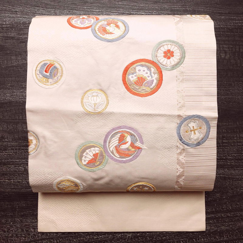 名古屋帯 太鼓柄 正絹 古典柄 名古屋仕立て なごや帯 リサイクル帯 帯 引箔 蝶 ピンク_画像1