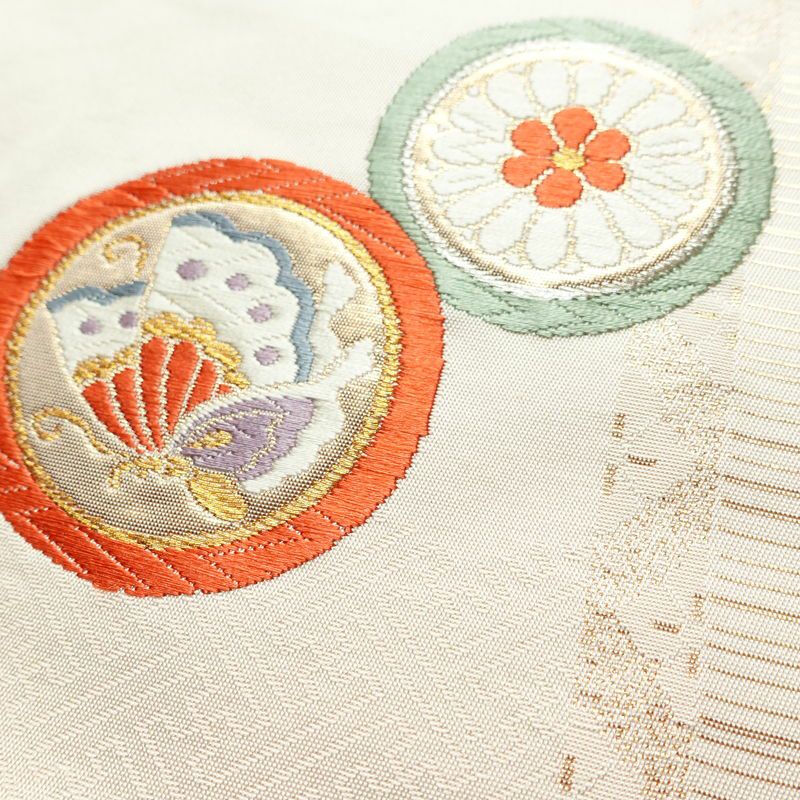 名古屋帯 太鼓柄 正絹 古典柄 名古屋仕立て なごや帯 リサイクル帯 帯 引箔 蝶 ピンク_画像5