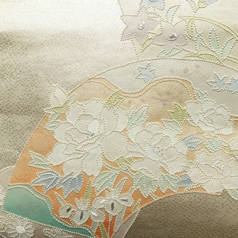 名古屋帯 太鼓柄 相良刺繍 正絹 花柄 名古屋仕立て なごや帯 リサイクル帯 帯 刺繍 クリーム_画像2